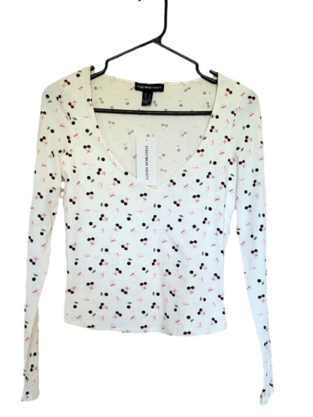 *NEW* STREETWEAR SOCIETY White Long Sleeve Top with Cherry & Bow Tie Print Small